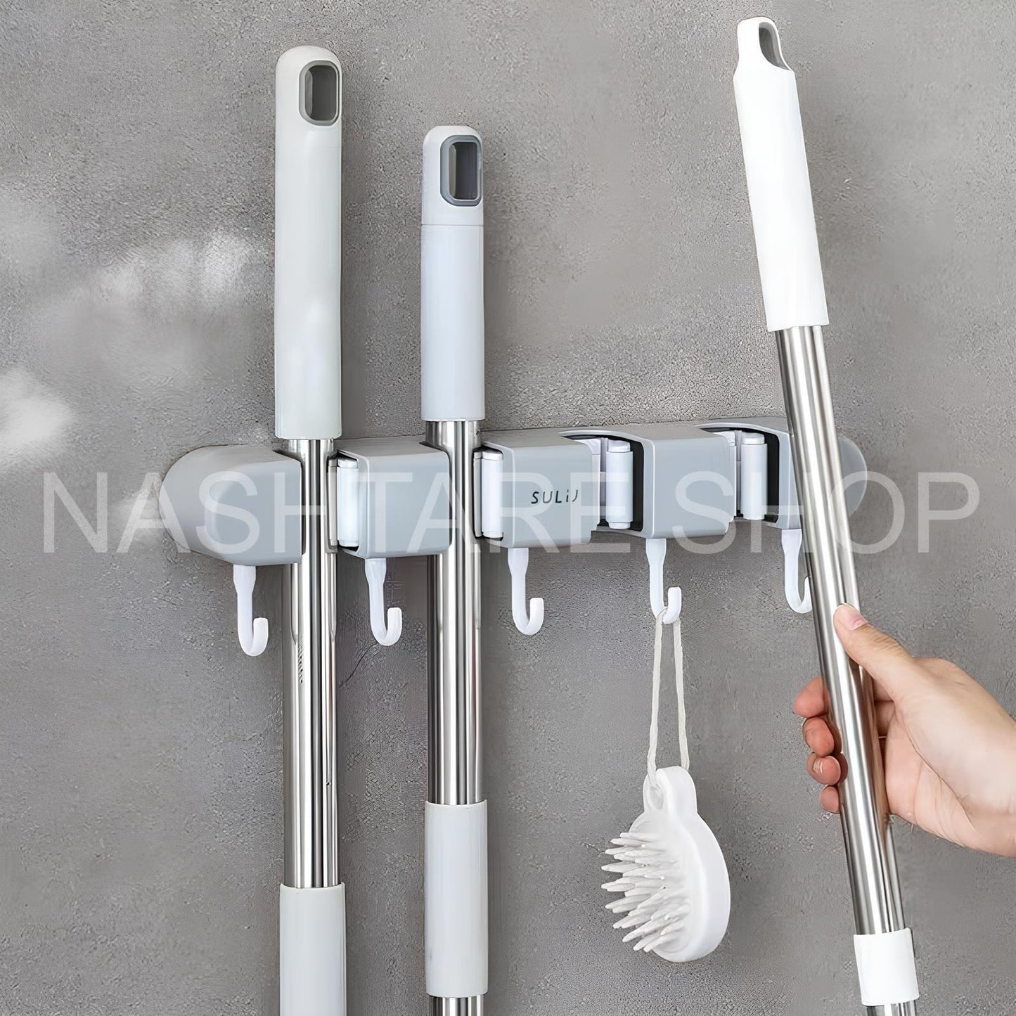 Wall Mounted Mop Holder w/ Hooks | رف تعليق للمماسح مع تعاليق